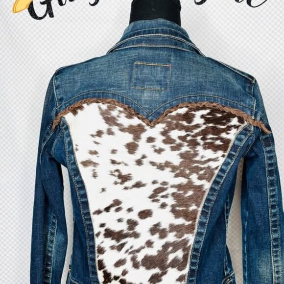 Upcycled True Religion Western Brown/white Cowhide Jean Jacket concho accent-XS - Picture 1 of 6